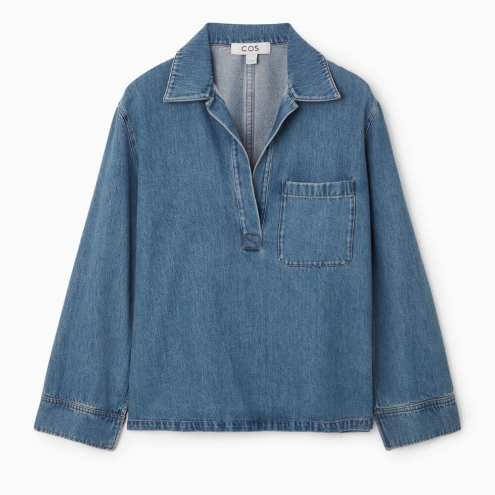 COS COLLARED V-NECK DENIM TOP WASHED BLUE 6